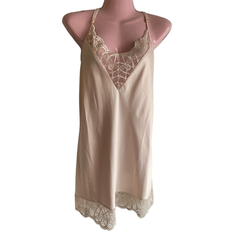 Flora Nikrooz Gown Womens Small Beige Satin Lace Chemise Nightgown Sleepwear